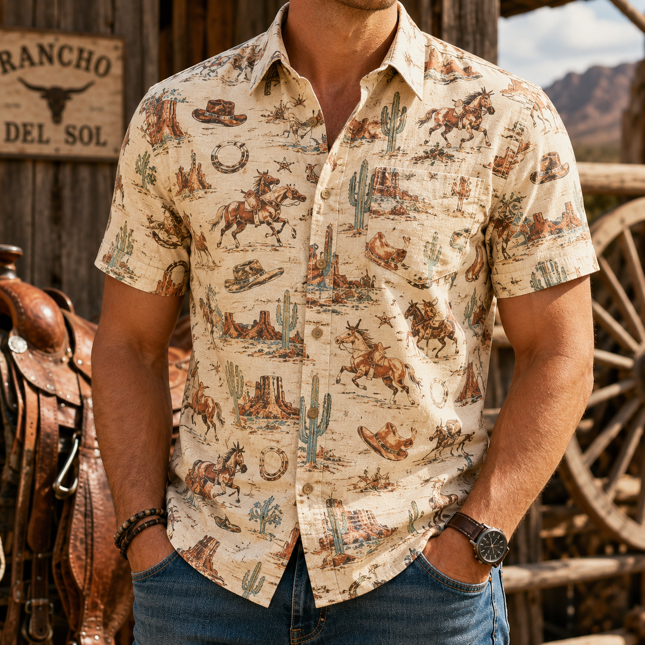 Men's Vintage Western Cowboy-Style Printed Short-Sleeve Shirt-20