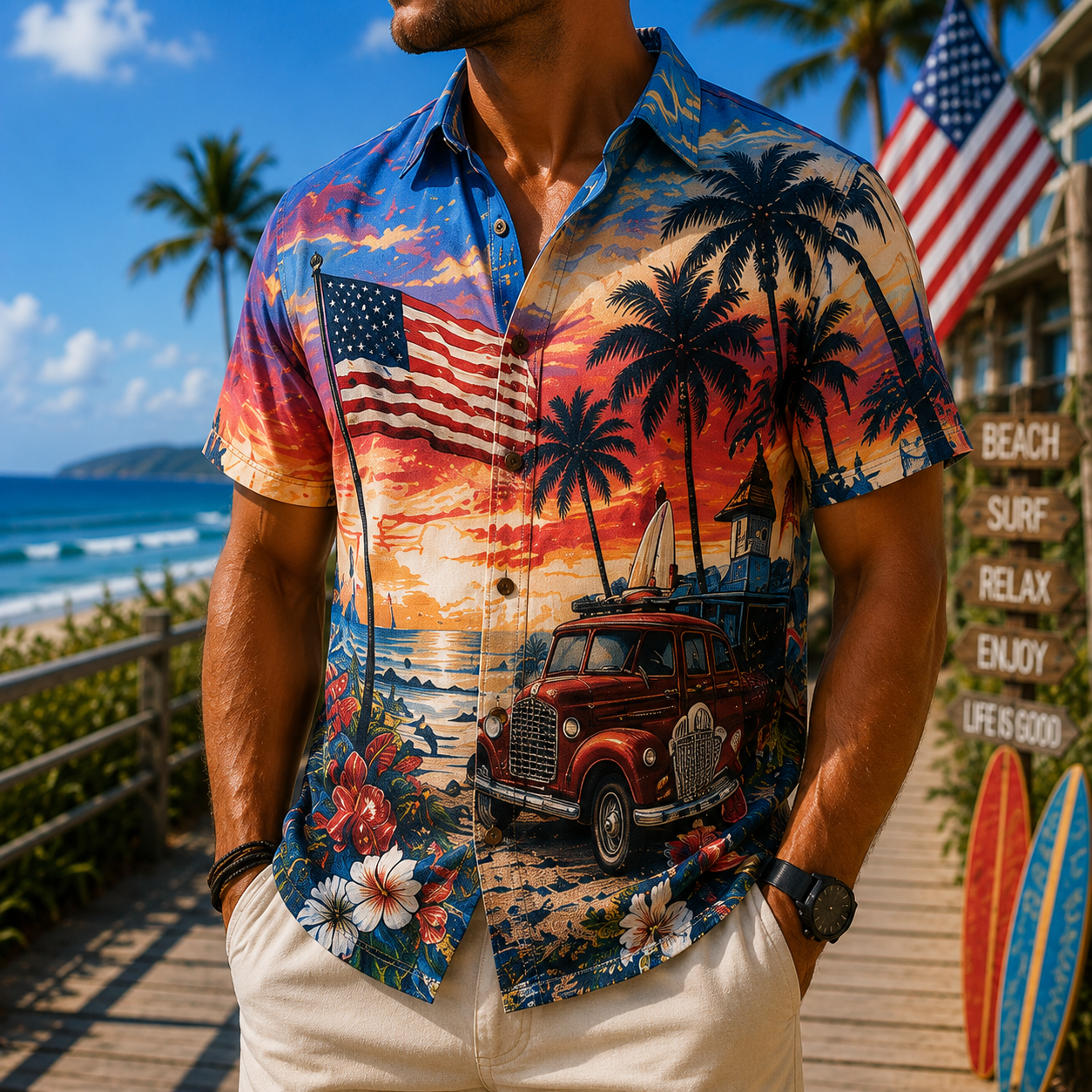 Men's Vintage Tropical Print Short-Sleeve Shirt – Casual Beach Vacation Style – 52