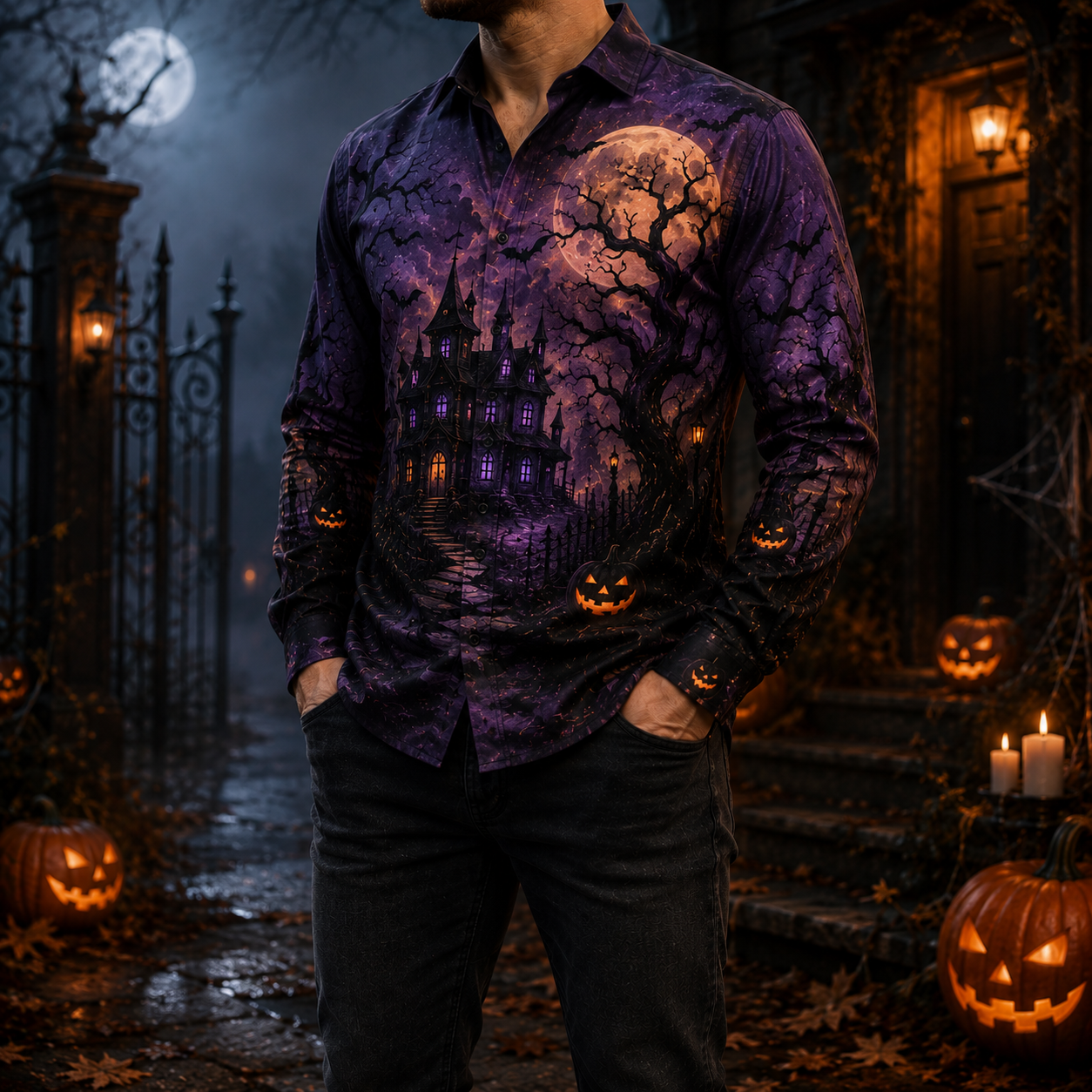 Men's Vintage Halloween Print Long-Sleeve Shirt-60