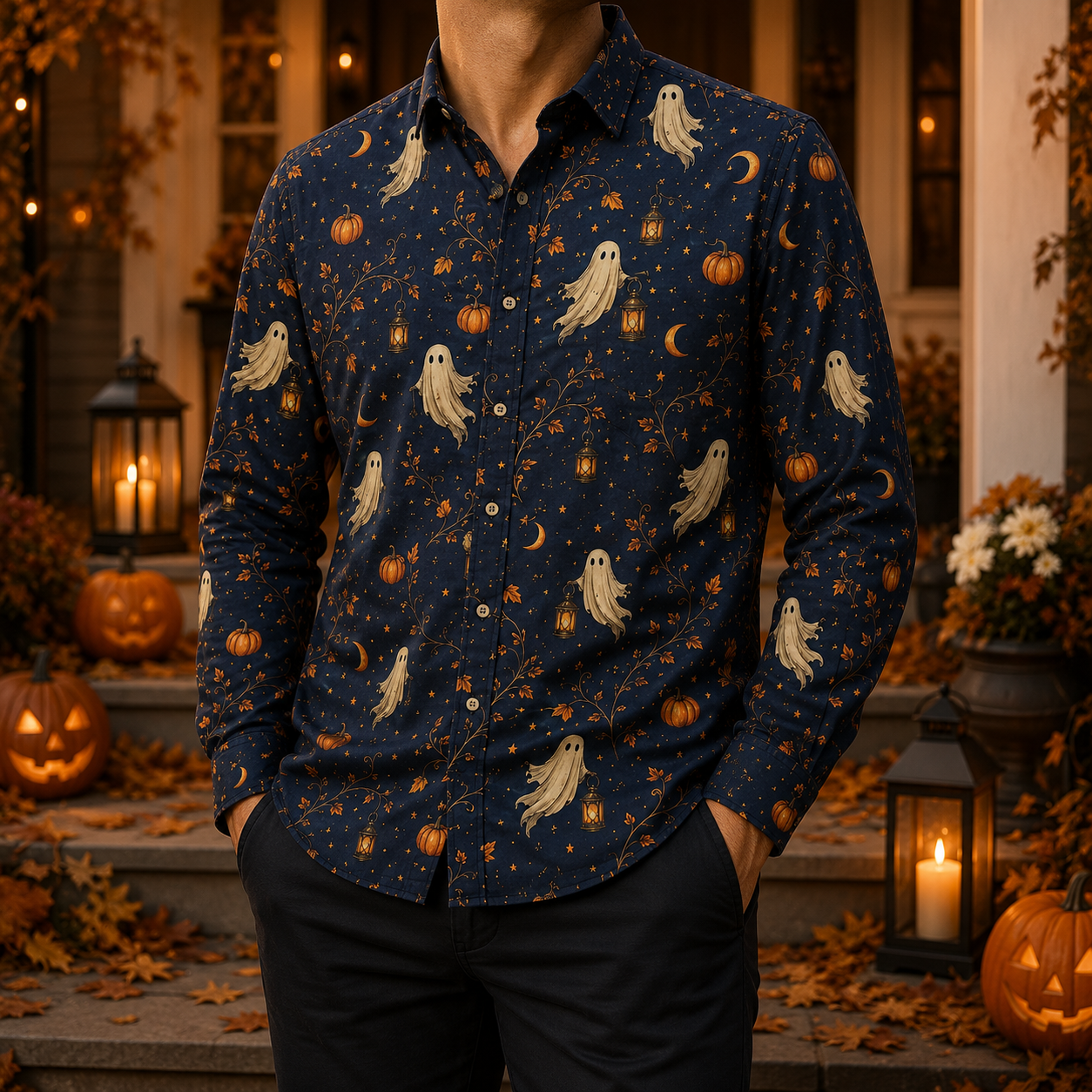 Men's Vintage Halloween Print Long-Sleeve Shirt-25