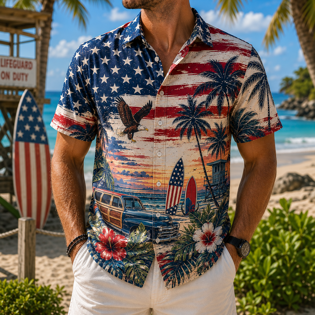 Men's Vintage Tropical Print Short-Sleeve Shirt – Casual Beach Vacation Style – 08