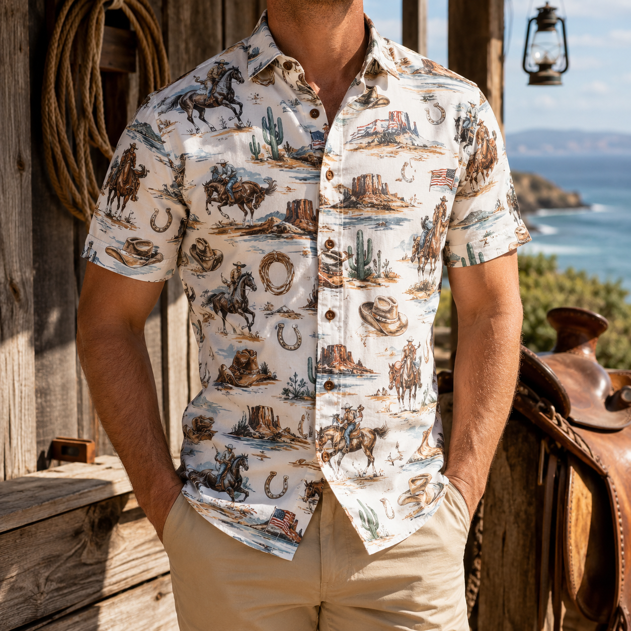 Men's Vintage Western Cowboy-Style Printed Short-Sleeve Shirt-14