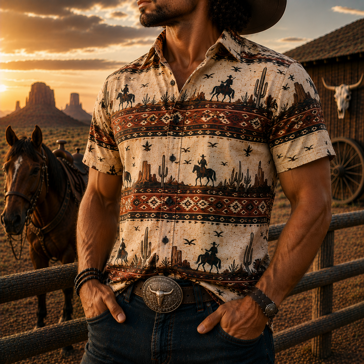 Men's Vintage Western Cowboy-Style Printed Short-Sleeve Shirt-60