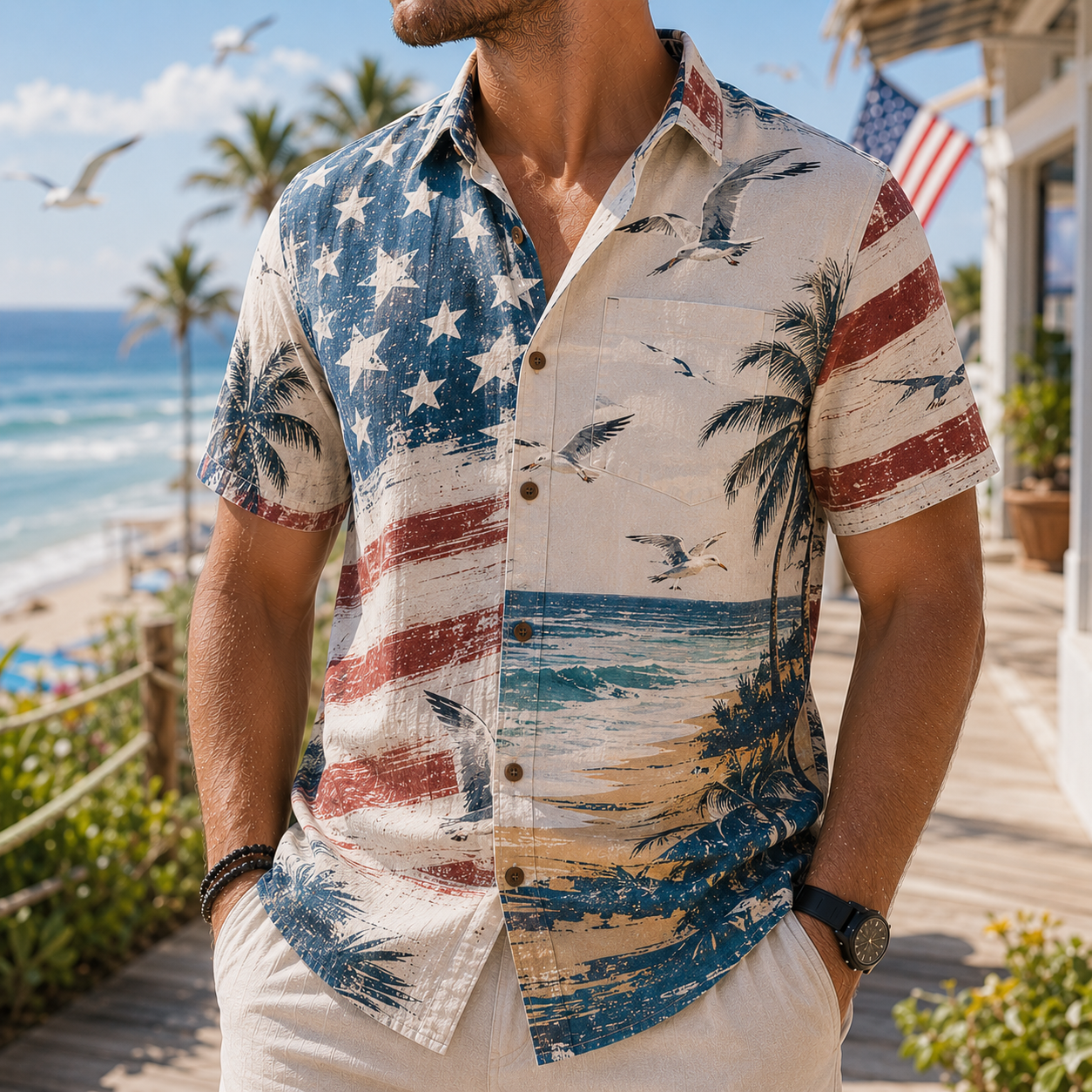 Men's Vintage Tropical Print Short-Sleeve Shirt – Casual Beach Vacation Style – 29