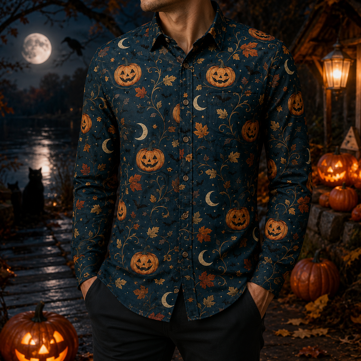 Men's Vintage Halloween Print Long-Sleeve Shirt-31