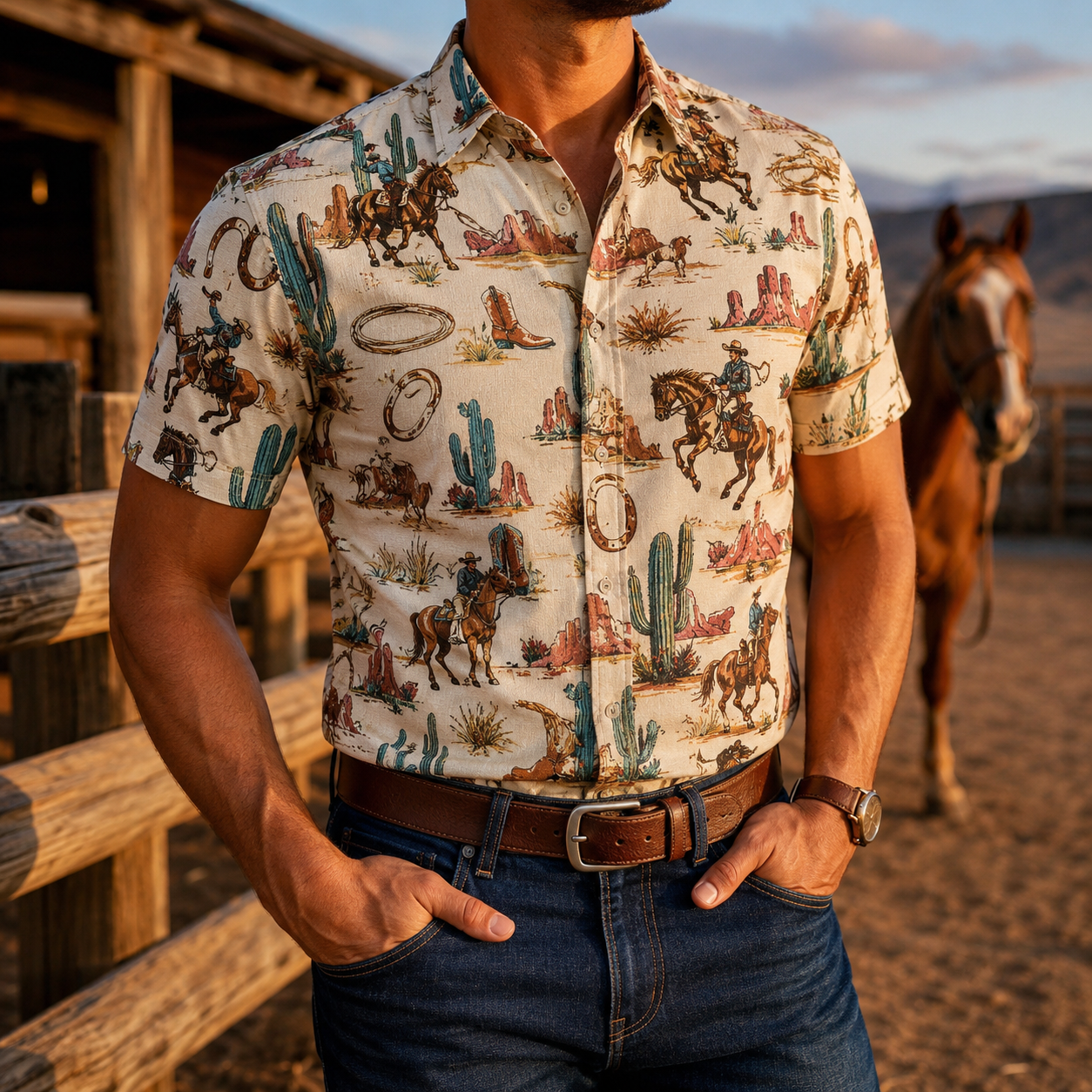 Men's Vintage Western Cowboy-Style Printed Short-Sleeve Shirt-37
