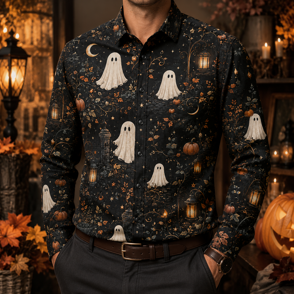 Men's Vintage Halloween Print Long-Sleeve Shirt-08