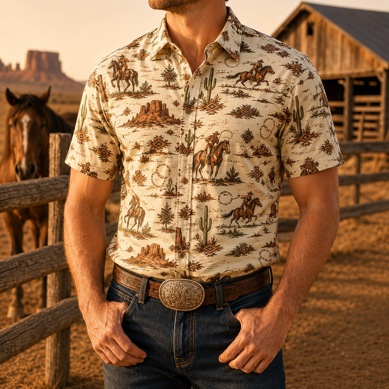 Men's Vintage Western Cowboy-Style Printed Short-Sleeve Shirt-55