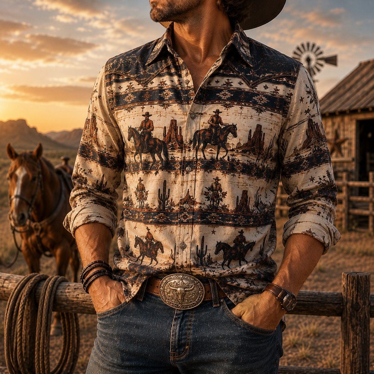 Men's Vintage Western Cowboy-Style Printed Short-Sleeve Shirt-22