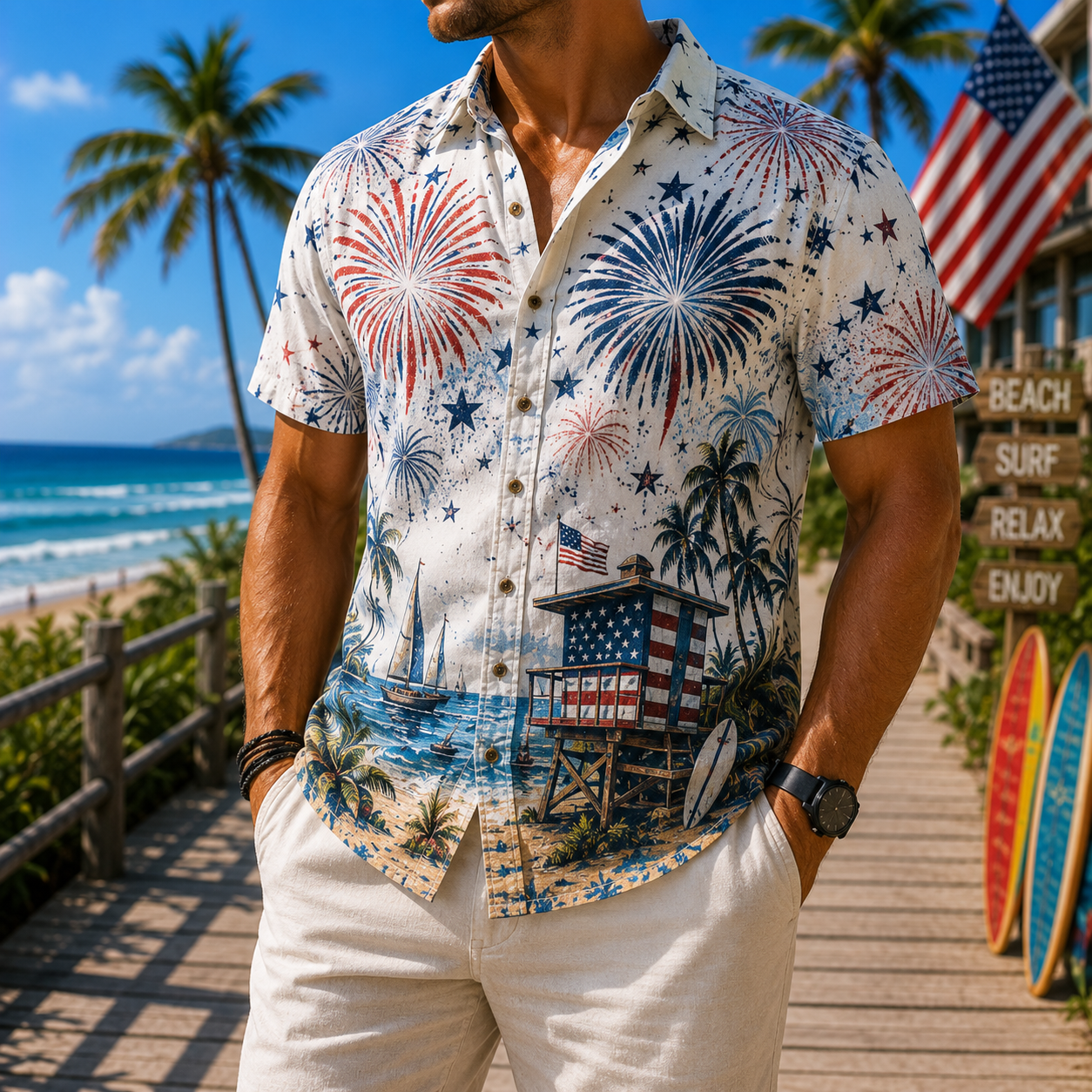 Men's Vintage Tropical Print Short-Sleeve Shirt – Casual Beach Vacation Style – 64