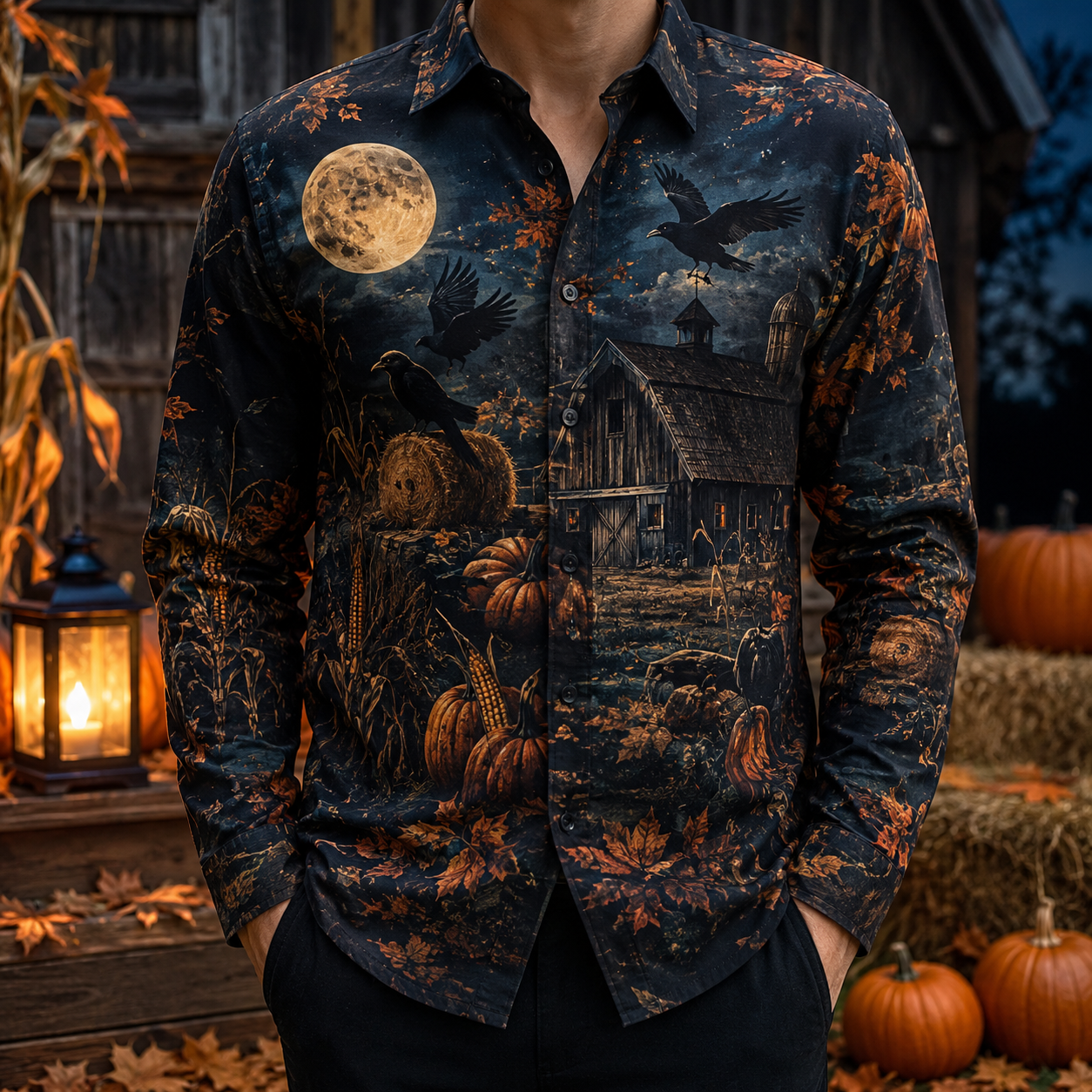 Men's Vintage Halloween Print Long-Sleeve Shirt-18