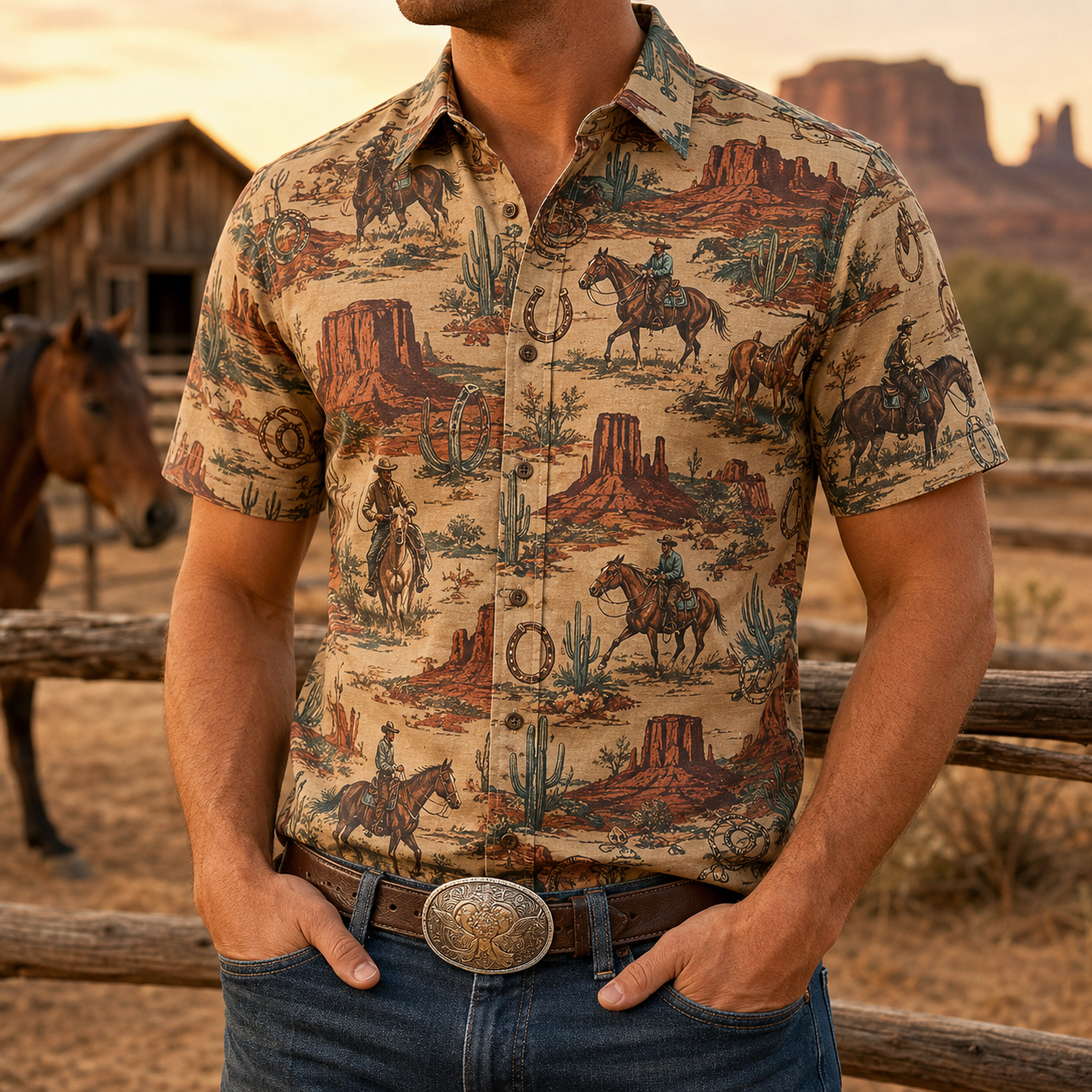 Men's Vintage Western Cowboy-Style Printed Short-Sleeve Shirt-46