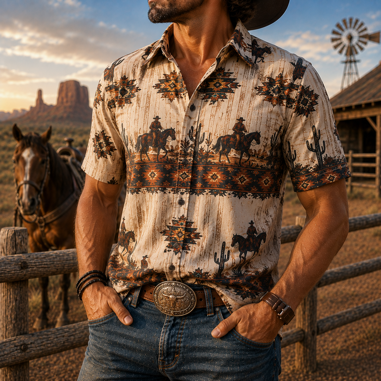 Men's Vintage Western Cowboy-Style Printed Short-Sleeve Shirt-27