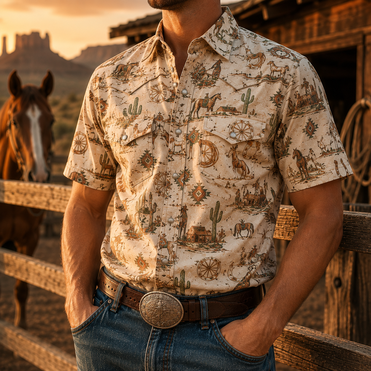 Men's Vintage Western Cowboy-Style Printed Short-Sleeve Shirt-91