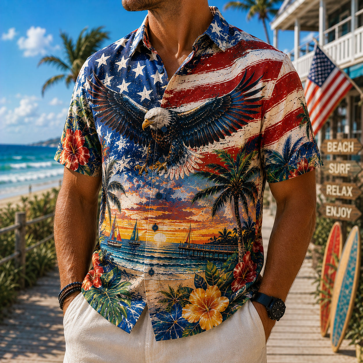 Men's Vintage Tropical Print Short-Sleeve Shirt – Casual Beach Vacation Style – 41