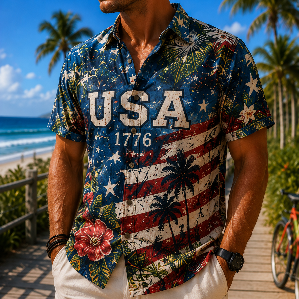 Men's Vintage Tropical Print Short-Sleeve Shirt – Casual Beach Vacation Style – 53