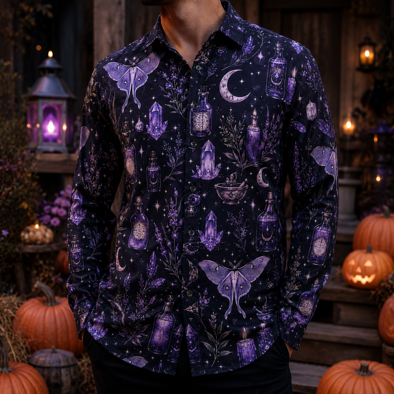 Men's Vintage Halloween Print Long-Sleeve Shirt-22