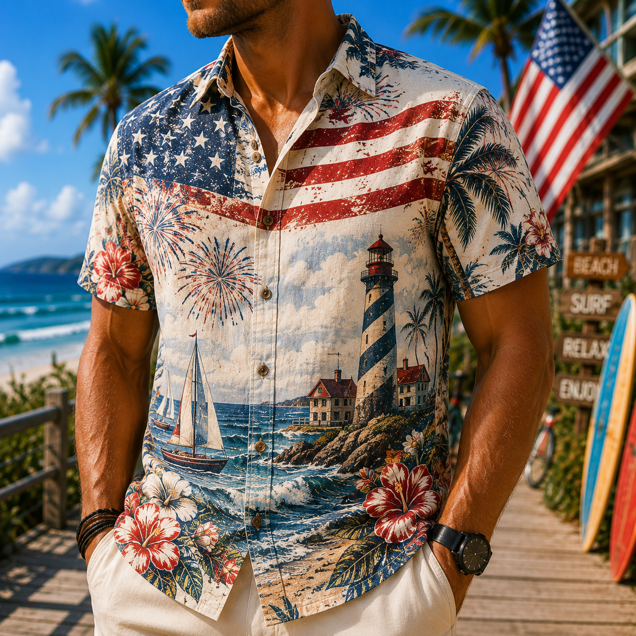 Men's Vintage Tropical Print Short-Sleeve Shirt – Casual Beach Vacation Style – 56