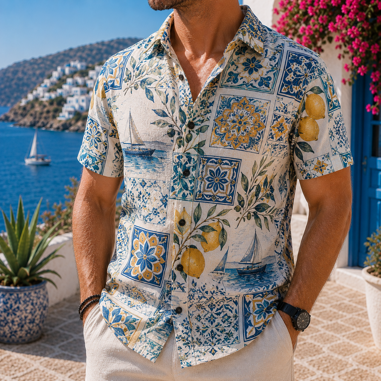 Men's Vintage Tropical Print Short-Sleeve Shirt – Casual Beach Vacation Style – 26