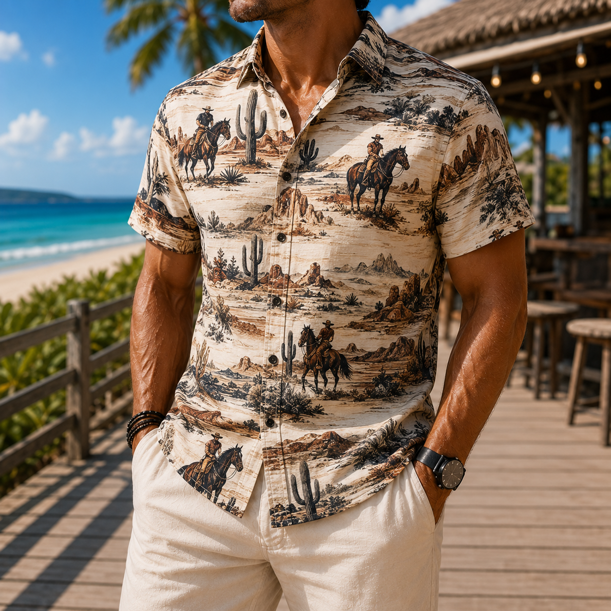 Men's Vintage Western Cowboy-Style Printed Short-Sleeve Shirt-03