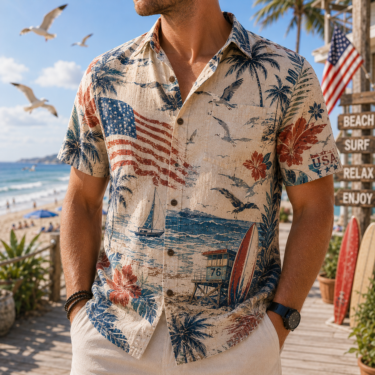 Men's Vintage Tropical Print Short-Sleeve Shirt – Casual Beach Vacation Style – 31