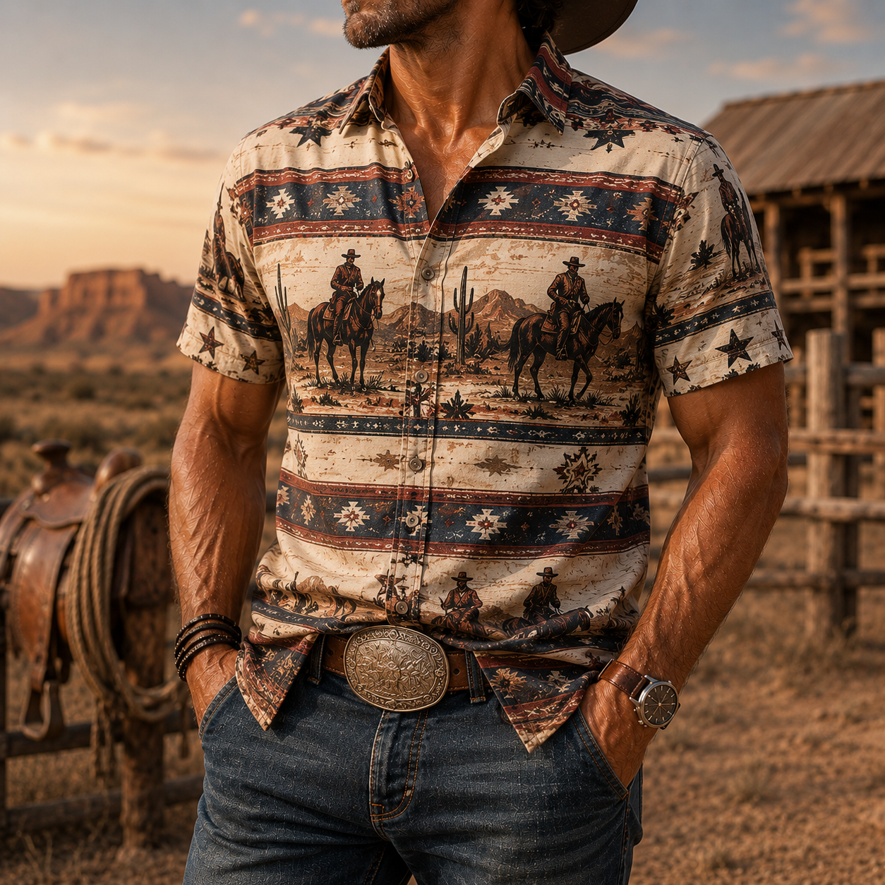 Men's Vintage Western Cowboy-Style Printed Short-Sleeve Shirt-16