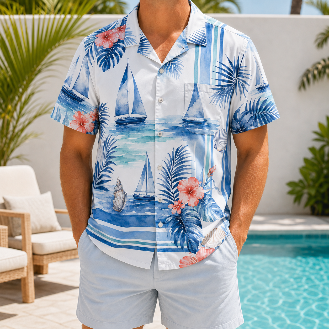 Summer Tropical Print Short Sleeve Beach Shirt -16
