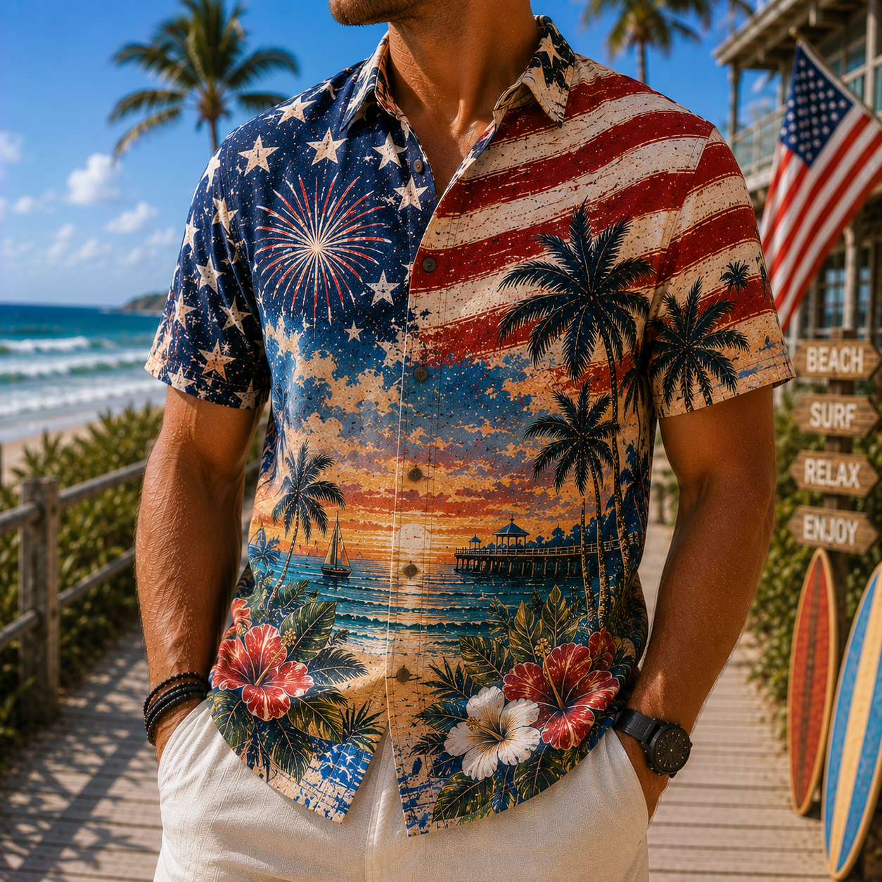 Men's Vintage Tropical Print Short-Sleeve Shirt – Casual Beach Vacation Style – 46
