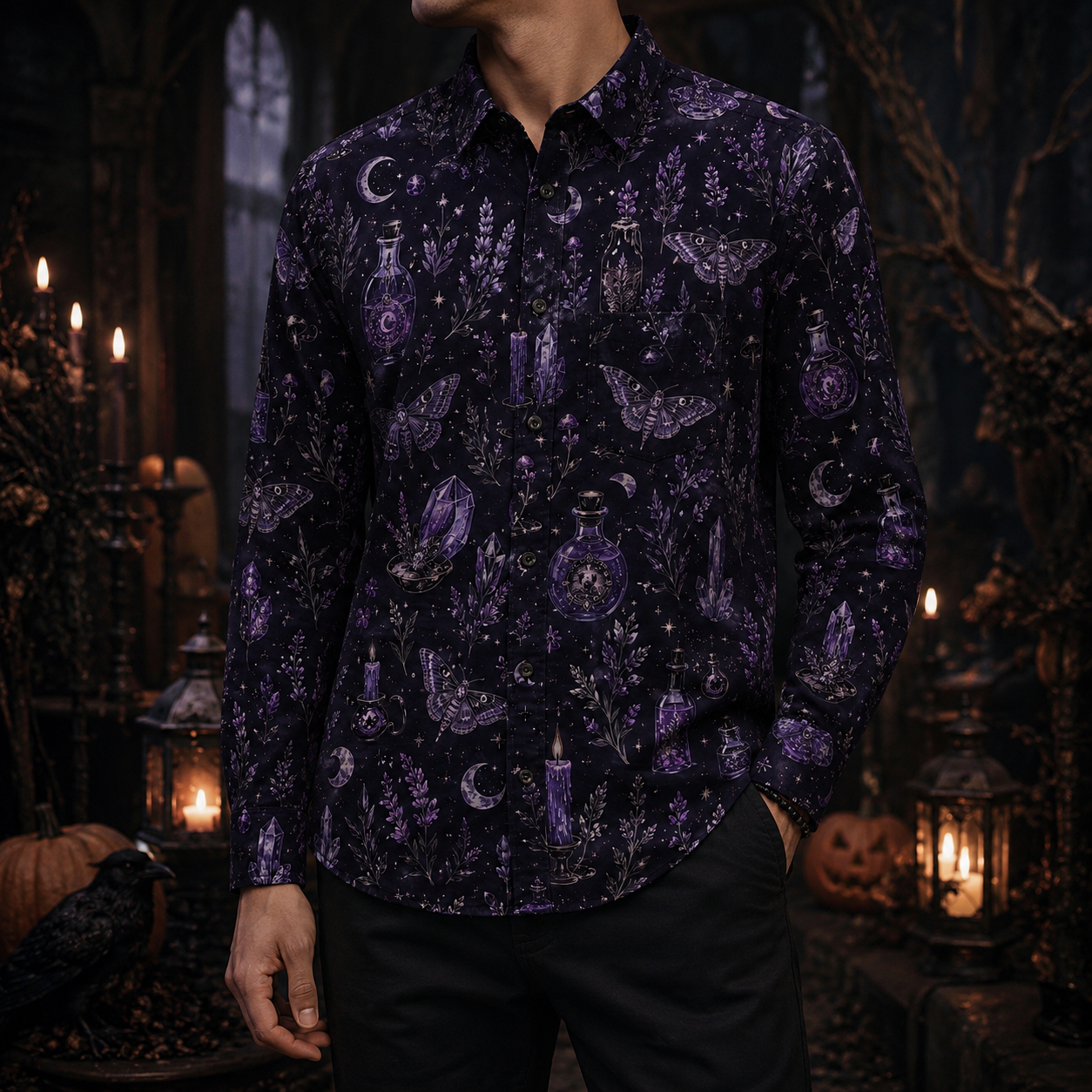 Men's Vintage Halloween Print Long-Sleeve Shirt-27