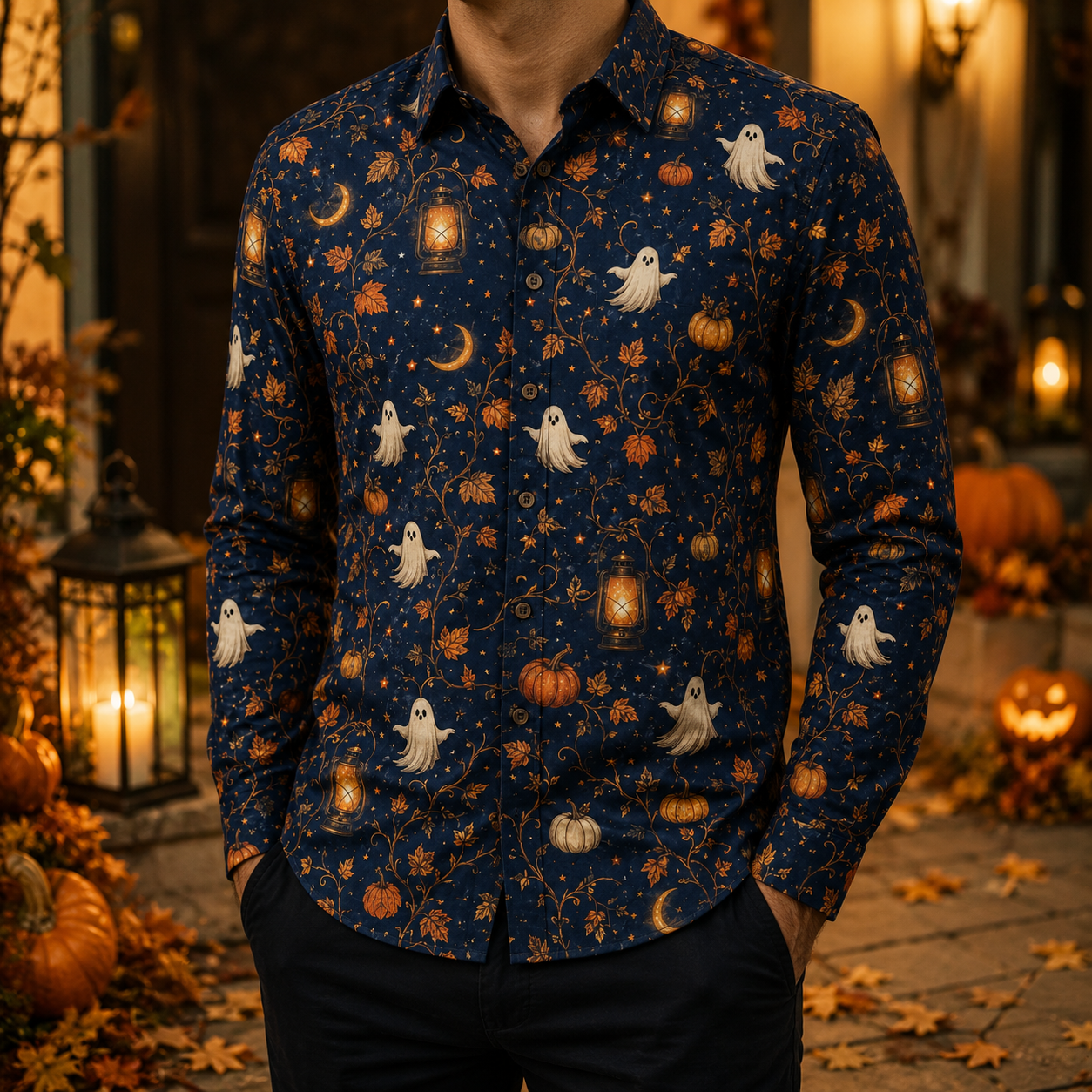 Men's Vintage Halloween Print Long-Sleeve Shirt-24