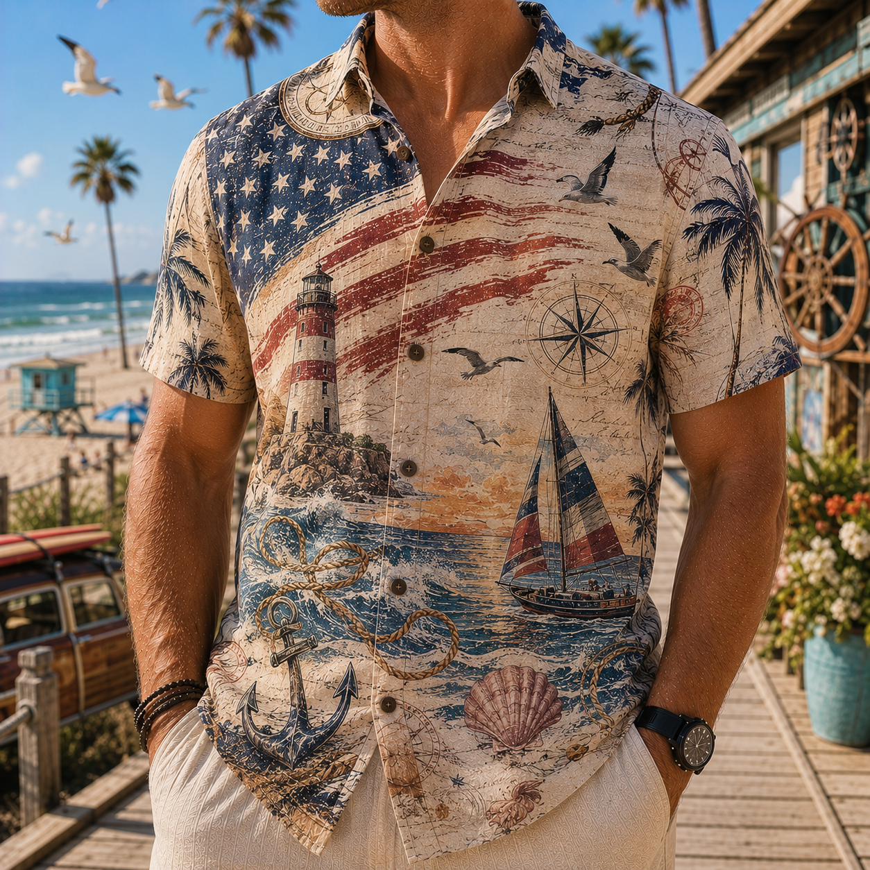 Men's Vintage Tropical Print Short-Sleeve Shirt – Casual Beach Vacation Style – 37