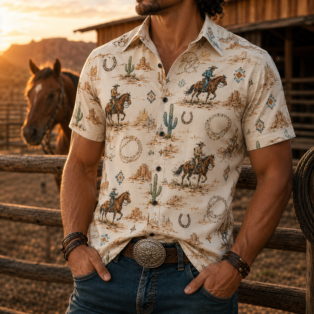 Men's Vintage Western Cowboy-Style Printed Short-Sleeve Shirt-68