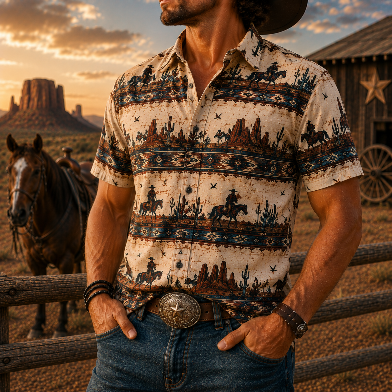 Men's Vintage Western Cowboy-Style Printed Short-Sleeve Shirt-36