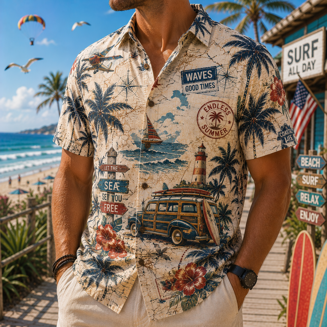 Men's Vintage Tropical Print Short-Sleeve Shirt – Casual Beach Vacation Style – 38