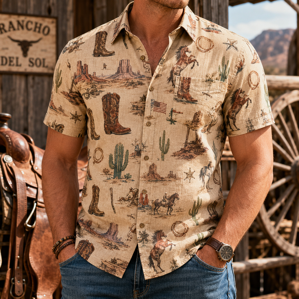 Men's Vintage Western Cowboy-Style Printed Short-Sleeve Shirt-19
