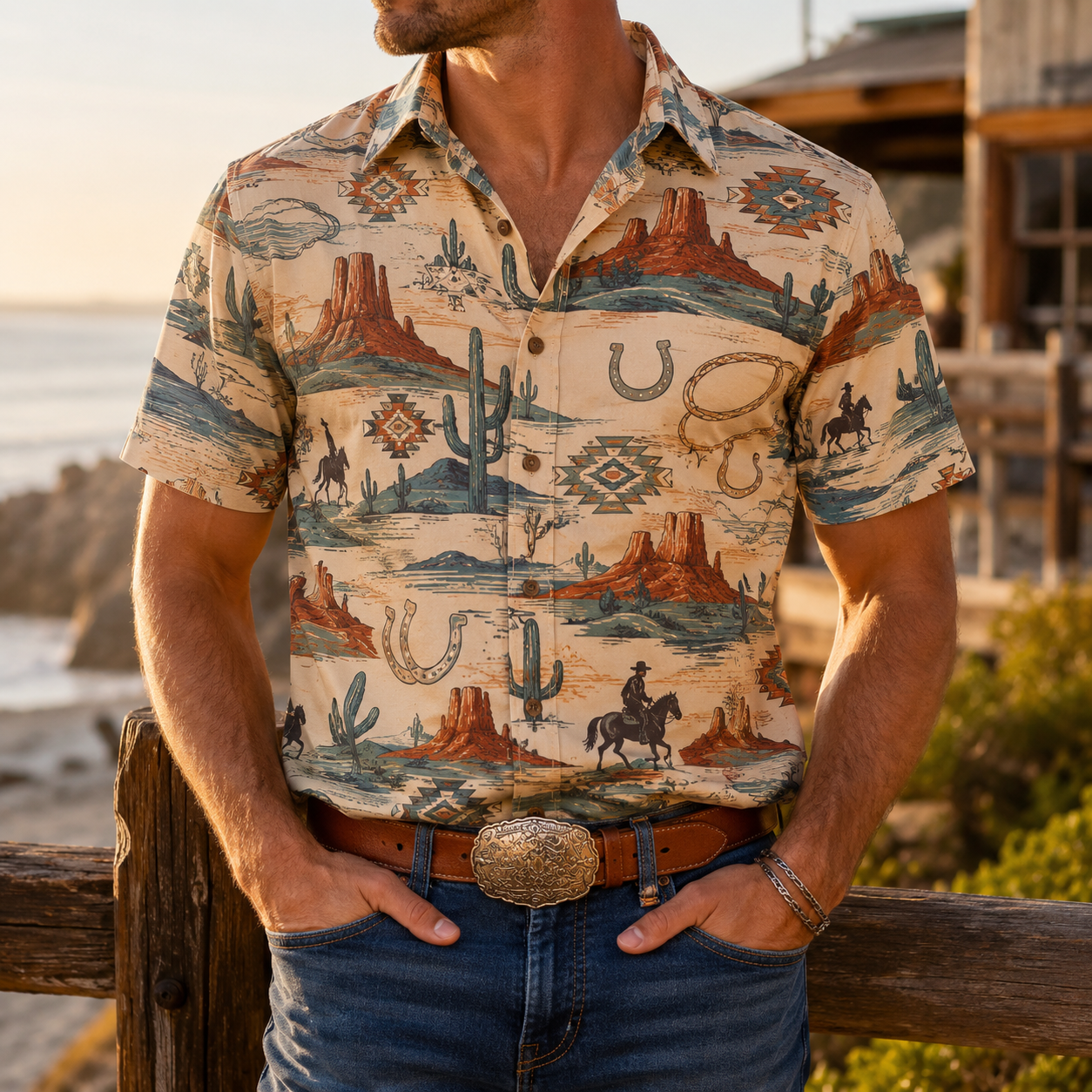 Men's Vintage Western Cowboy-Style Printed Short-Sleeve Shirt-76