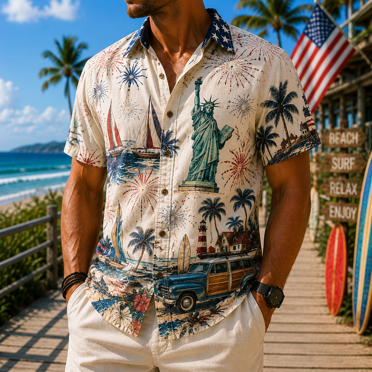 Men's Vintage Tropical Print Short-Sleeve Shirt – Casual Beach Vacation Style – 65