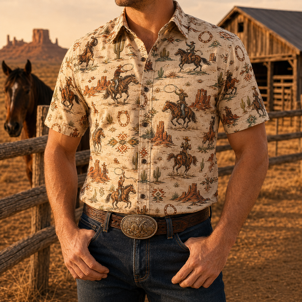Men's Vintage Western Cowboy-Style Printed Short-Sleeve Shirt-56