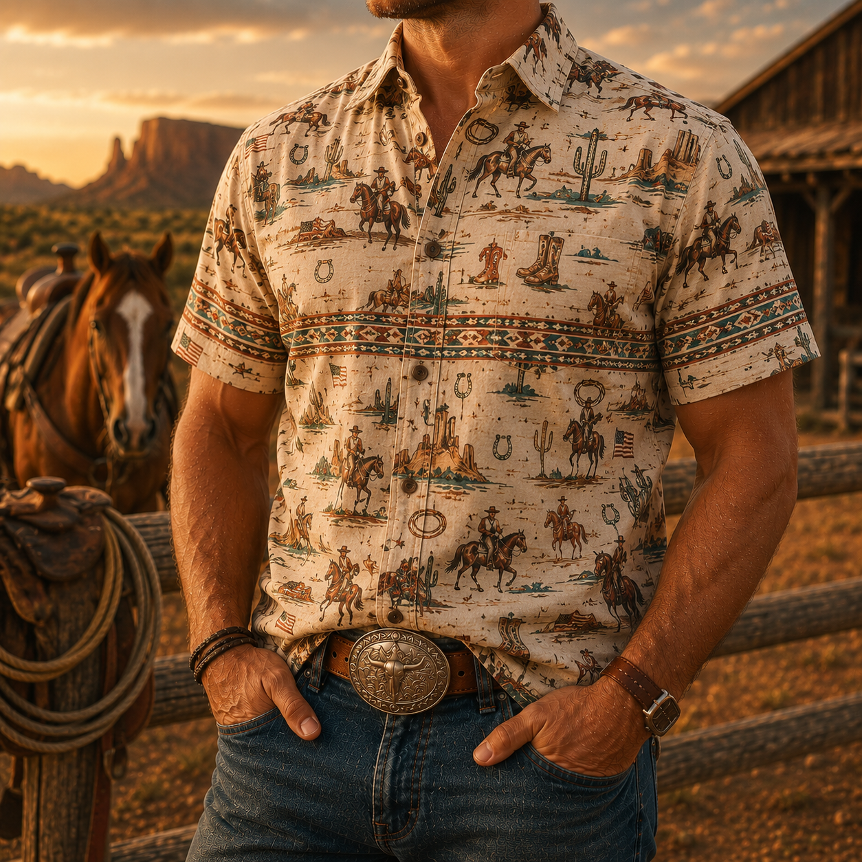 Men's Vintage Western Cowboy-Style Printed Short-Sleeve Shirt-31