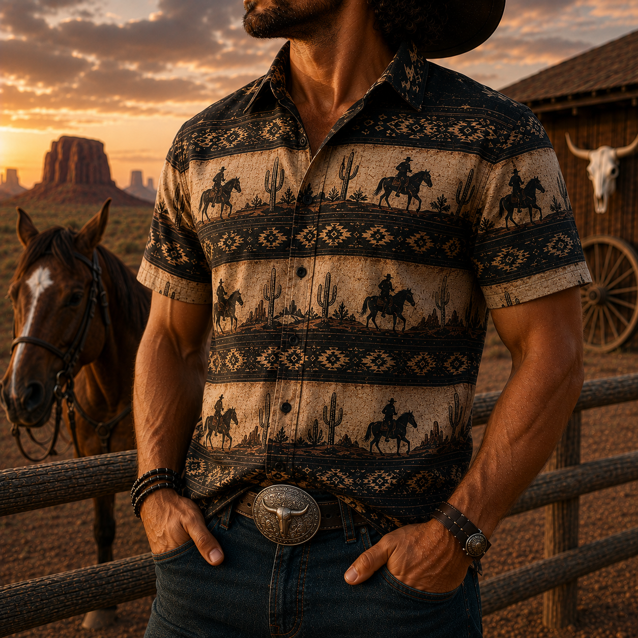 Men's Vintage Western Cowboy-Style Printed Short-Sleeve Shirt-50