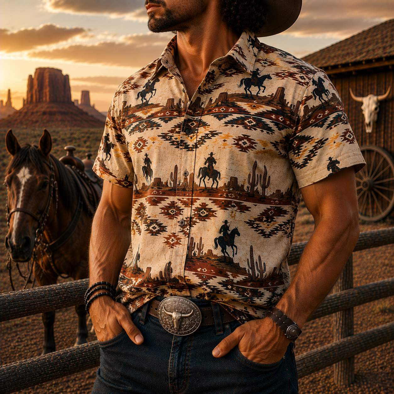 Men's Vintage Western Cowboy-Style Printed Short-Sleeve Shirt-58