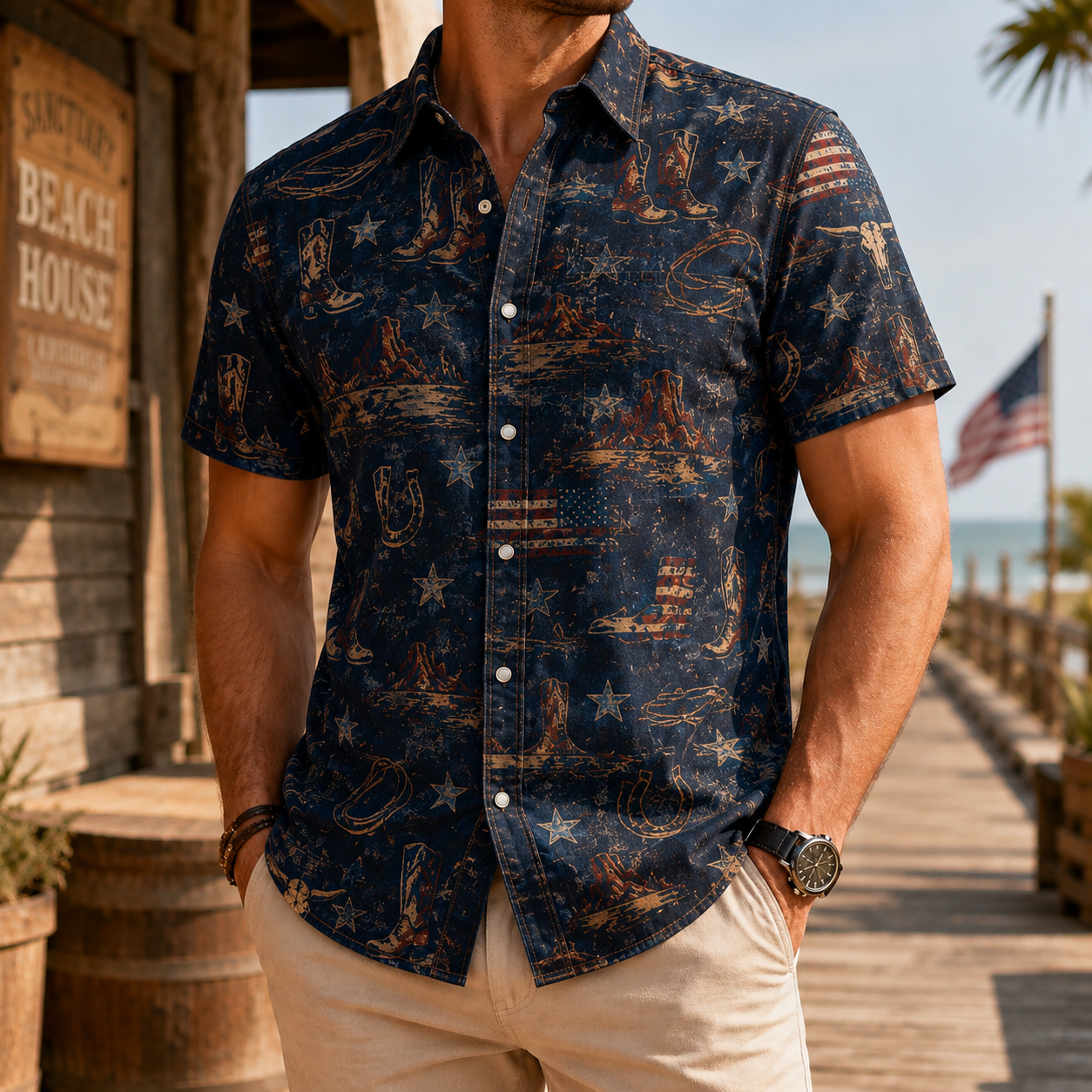 Men's Vintage Western Cowboy-Style Printed Short-Sleeve Shirt-02