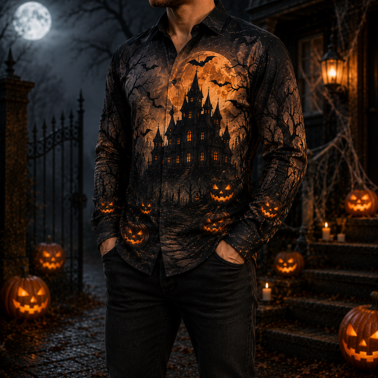 Men's Vintage Halloween Print Long-Sleeve Shirt-66