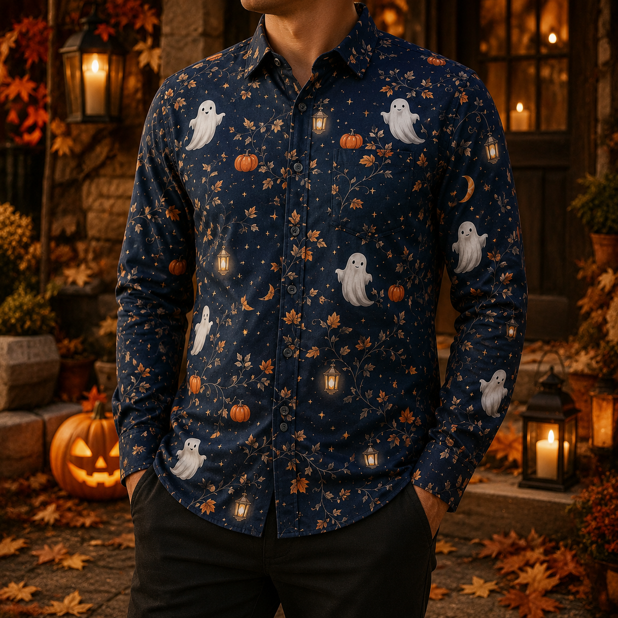 Men's Vintage Halloween Print Long-Sleeve Shirt-28