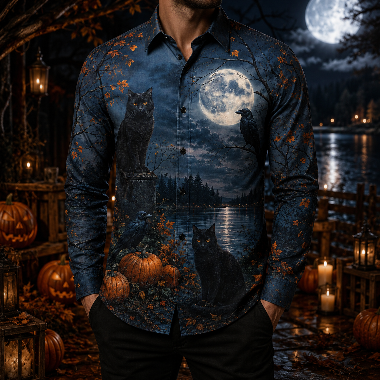 Men's Vintage Halloween Print Long-Sleeve Shirt-29