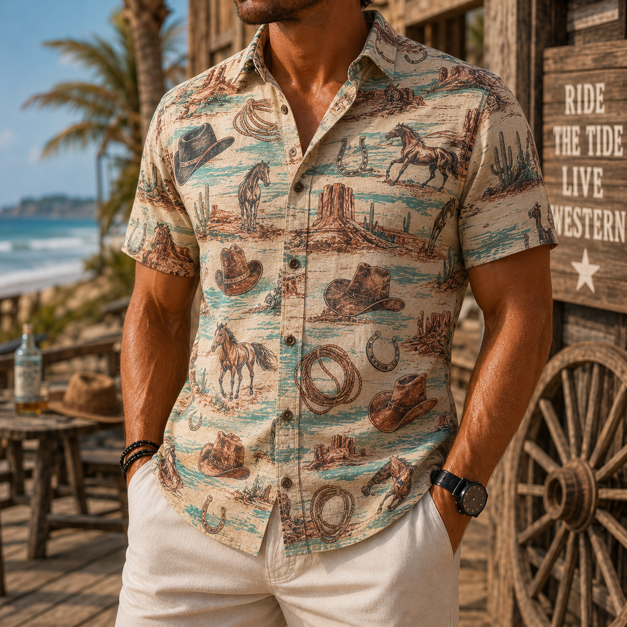Men's Vintage Western Cowboy-Style Printed Short-Sleeve Shirt-09