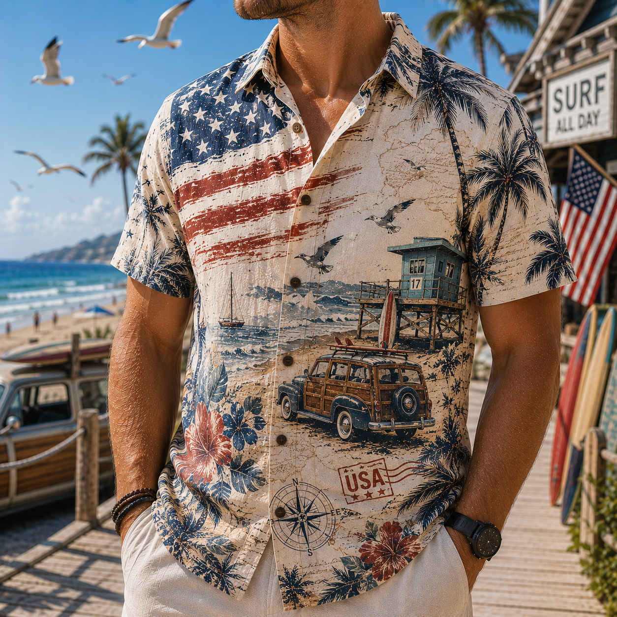 Men's Vintage Tropical Print Short-Sleeve Shirt – Casual Beach Vacation Style – 35