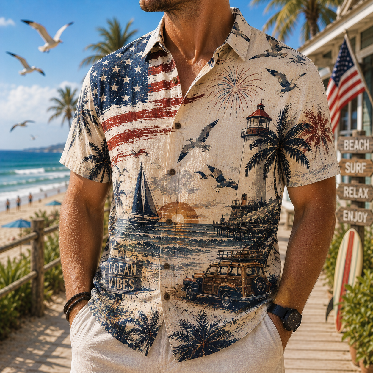 Men's Vintage Tropical Print Short-Sleeve Shirt – Casual Beach Vacation Style – 34