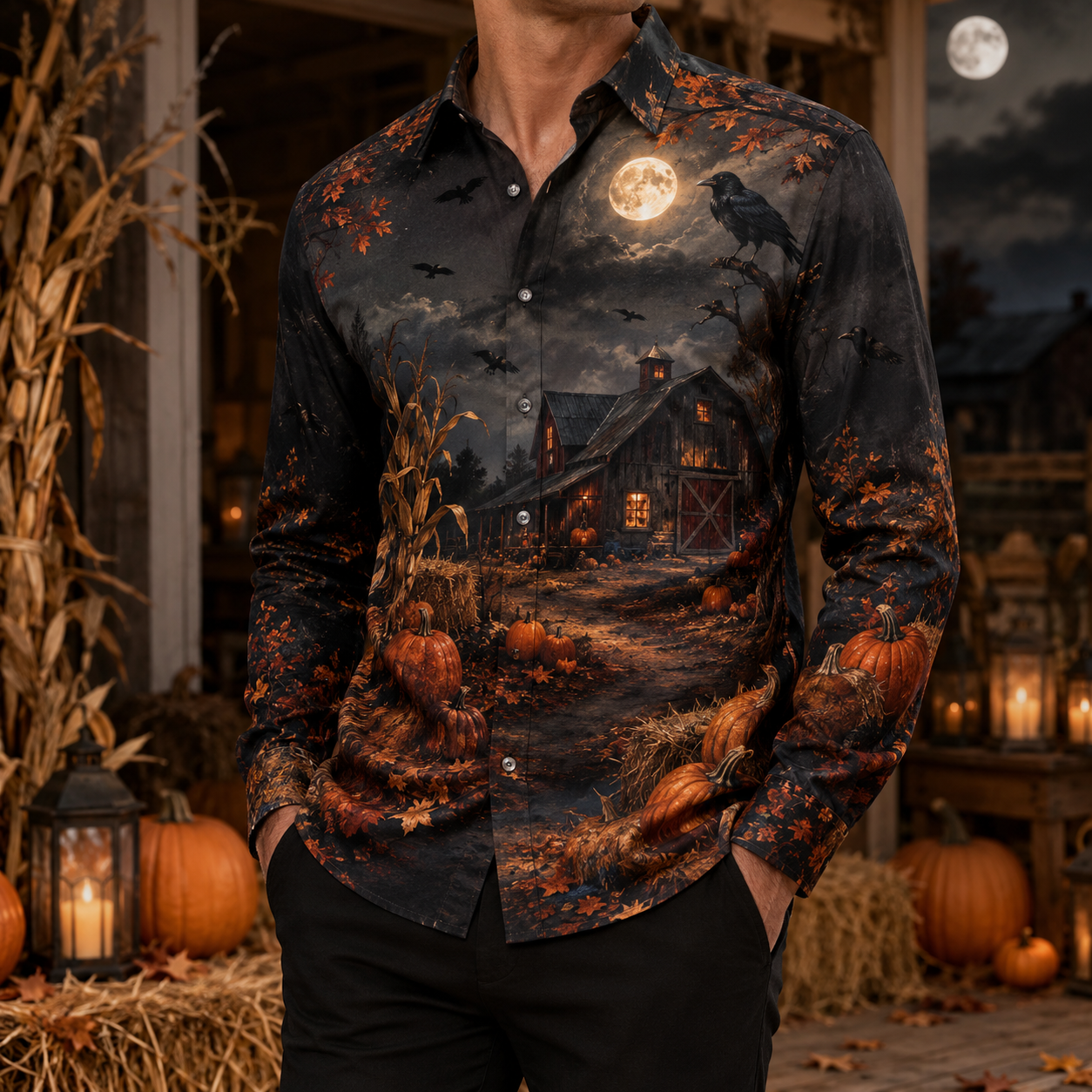 Men's Vintage Halloween Print Long-Sleeve Shirt-21