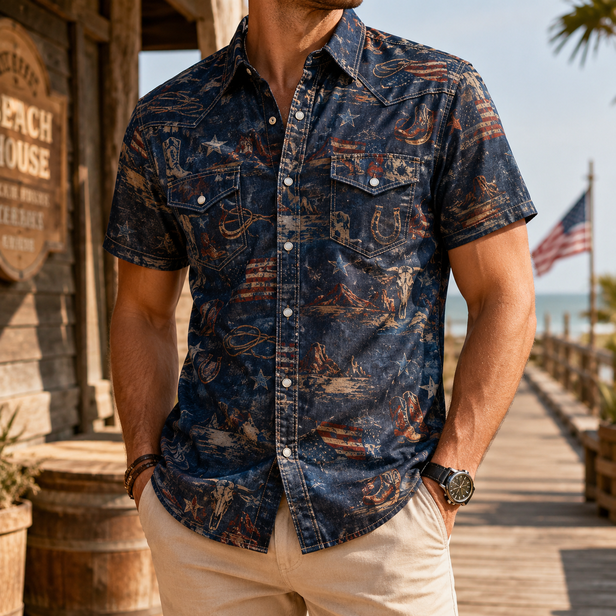 Men's Vintage Western Cowboy-Style Printed Short-Sleeve Shirt-01